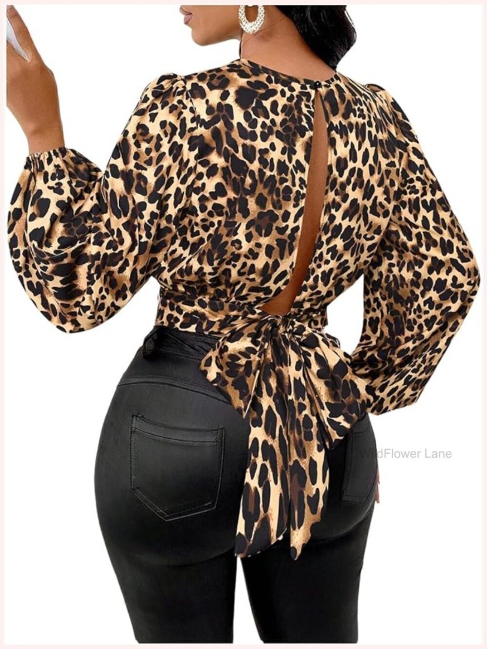 Leopard Print Crop Top with Cut Out Tie Back Long Sleeve Blouse Trendy Top